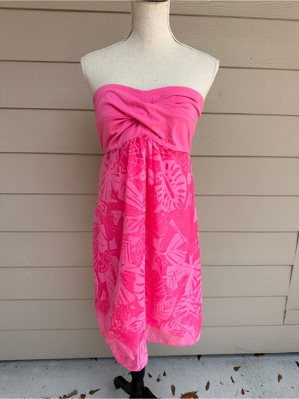 Lilly Pulitzer Hot Pink Leaf Print Strapless Dress Size M (S18)